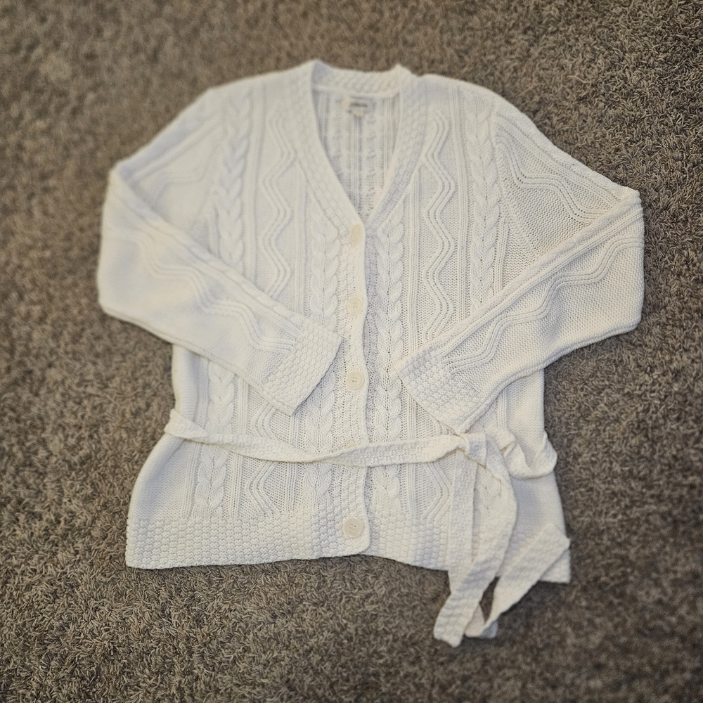 Vintage St John's Bay Cable Knit Cardigan‎ Sweater Women's Size XL White Belted